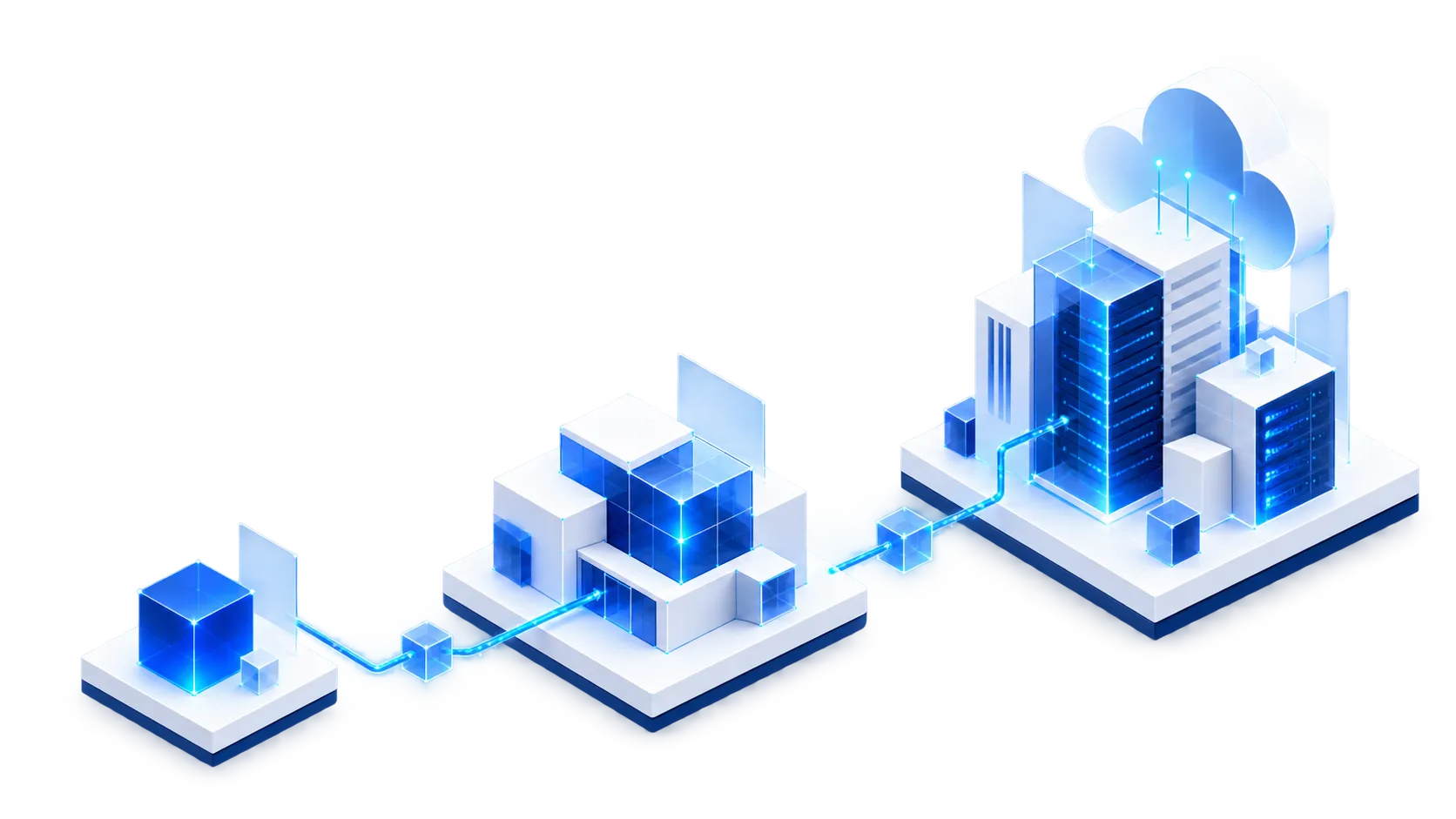 Ilustración de tres plataformas que crecen: un cubo, un conjunto de bloques y un grupo de edificios conectados a la nube